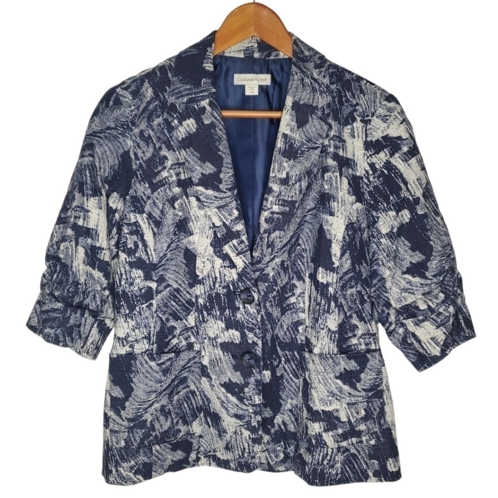 Vintage Coldwater Creek Linen Navy White Abstract 3/4 Sleeve Blazer Size 10P